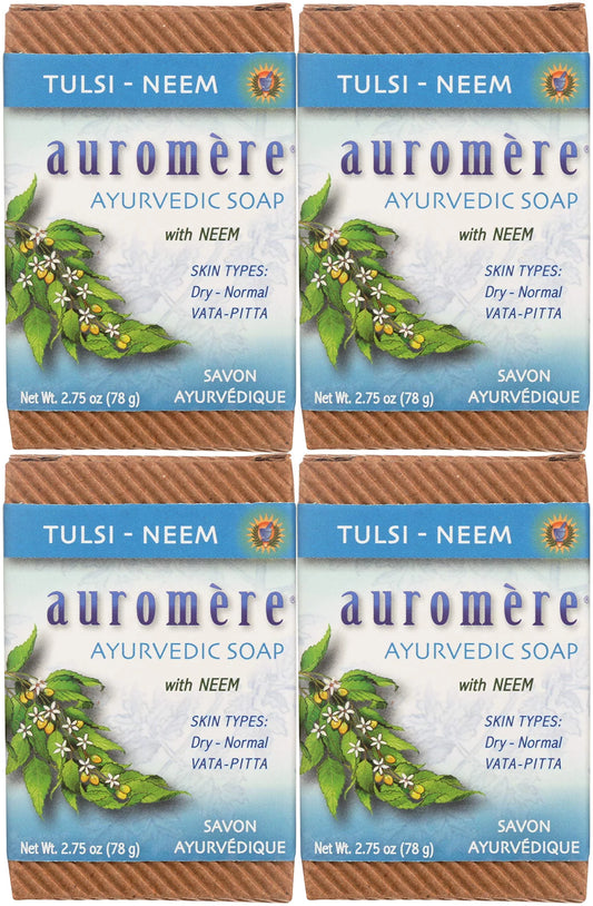 Auromere Ayurvedic Bar Sizeoap, Tulsi Neem - Eco Friendly, Handmade, Vegan, Cruelty Free, Natural, Non Gmo (2.75 Oz), 4 Pack.