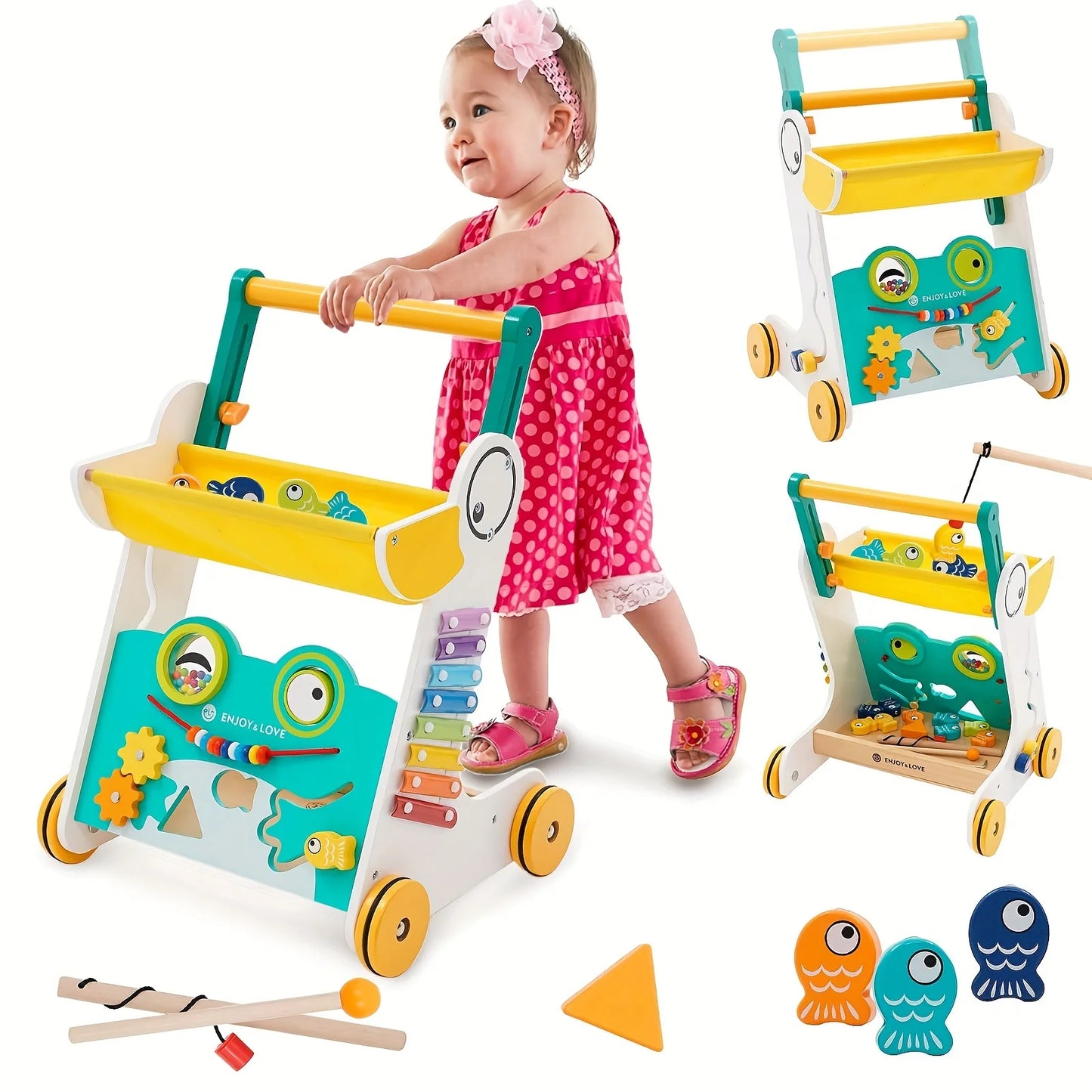 Wooden Baby Walker Sizeit-to-Sizetand Learning Baby Push Walker Kids Activity Center Toddler Push Along Trolley with Fishing Toy Sizehape Sizeorter Xylophone Multiple Entertainment for Boys Girls Infants