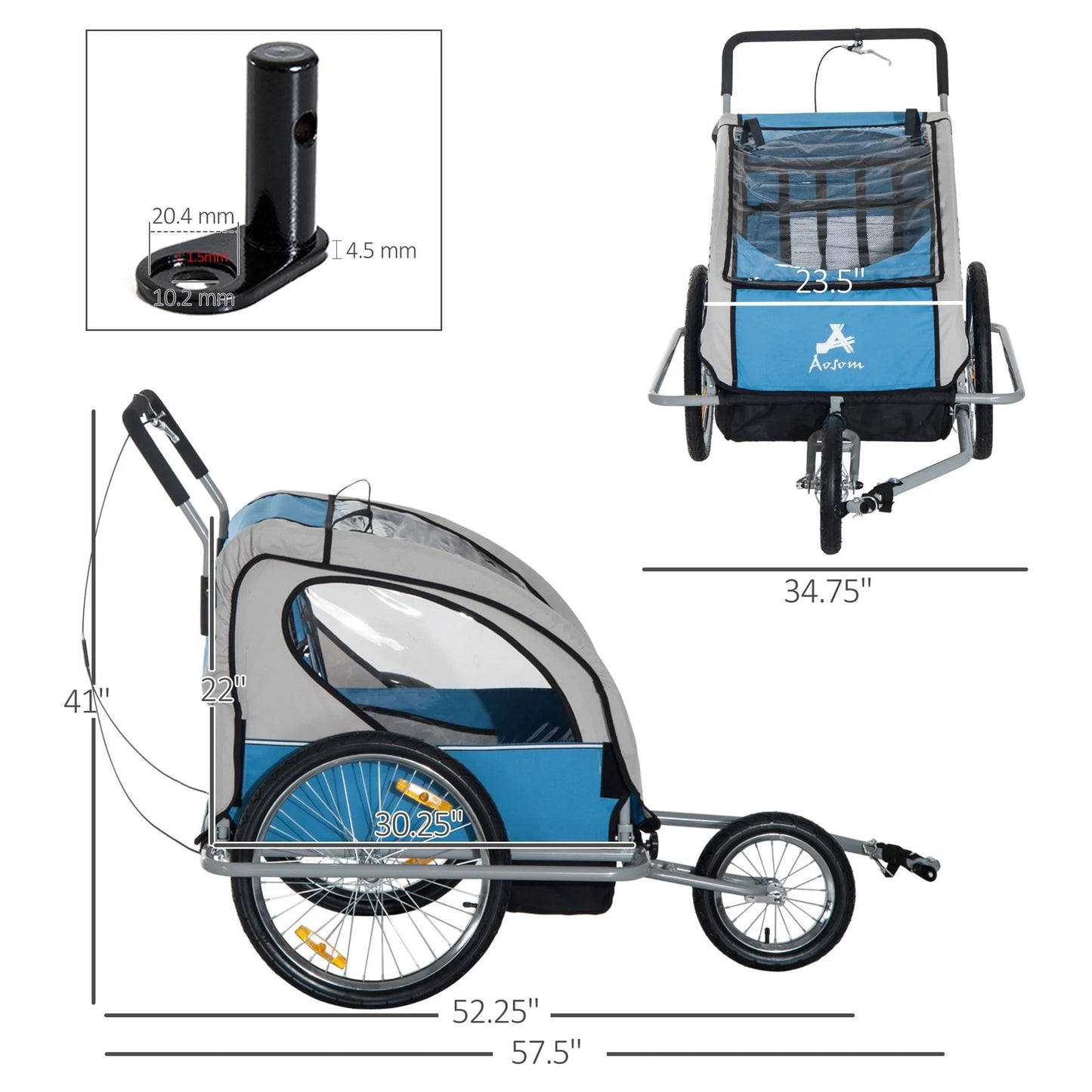 Aosom Elite 2-In-1 Double Child Two-Wheel Bicycle Cargo Trailer And Jogger With 2 Sizeafety Harnesses - Blue