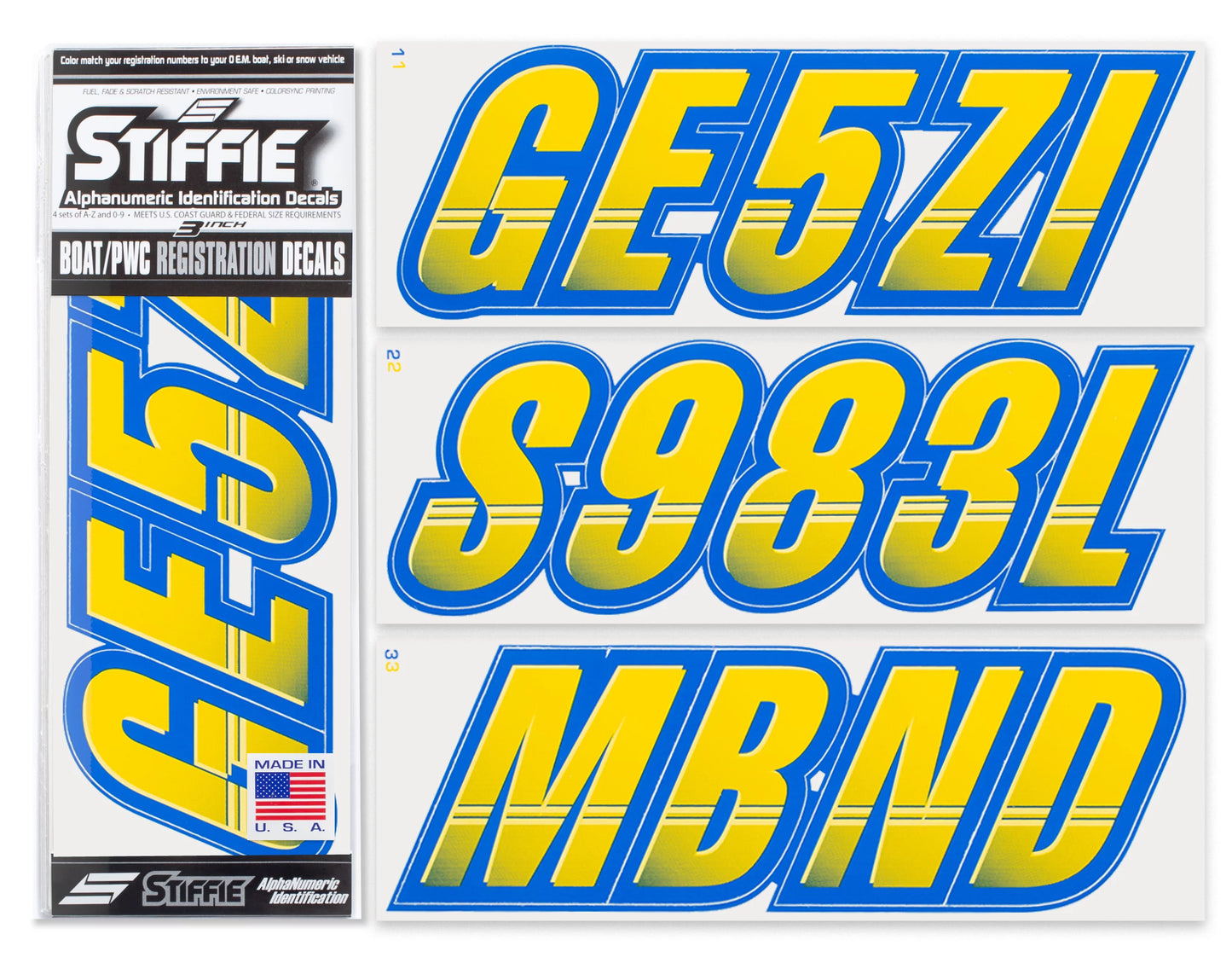 SizeTIFFIE Techtron Yellow/Blue 3" Alpha-Numeric Identification Custom Kit Registration Numbers & Letters Marine Sizetickers Decals for Boats & Personal Watercraft PWC