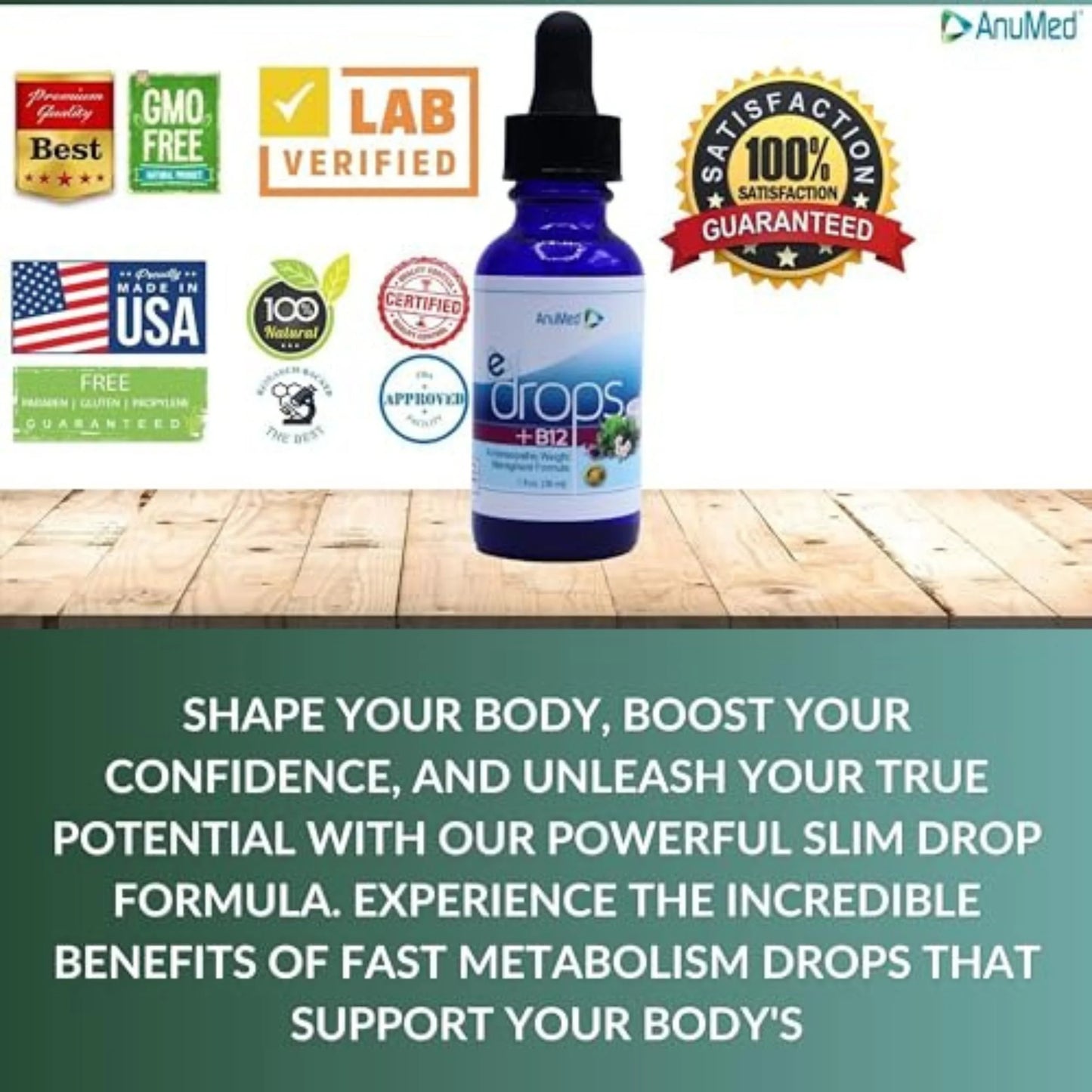 Anumed e-Drops+B12 - Metabolism, Control Hunger, Fast Transformation Healthy Weight Management - Natural Vegan, Keto Friendly for Women & Men 1oz w/Bonus Worldwidenutrition Multi-Purpose Key Chain