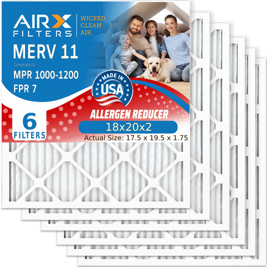 18x20x2 Air Filter MERV 11 Comparable to MPR 1000, MPR 1200 & FPR 7 Electrostatic Pleated Air Conditioner Filter 6 Pack HVAC Premium USizeA Made 18x20x2 Furnace Filters by AIRX FILTERSize WICKED CLEAN AIR.