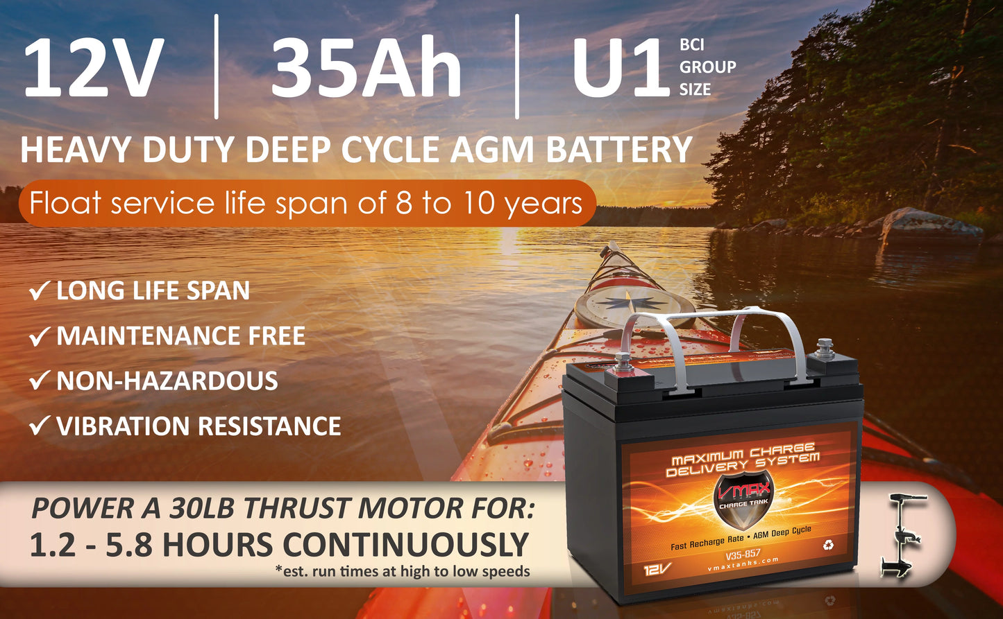 Vmax V35-857 12 Volt 35AH AGM U1 Battery for Minn Kota Traxxis 45lb Trolling Motor Boat Vehicle