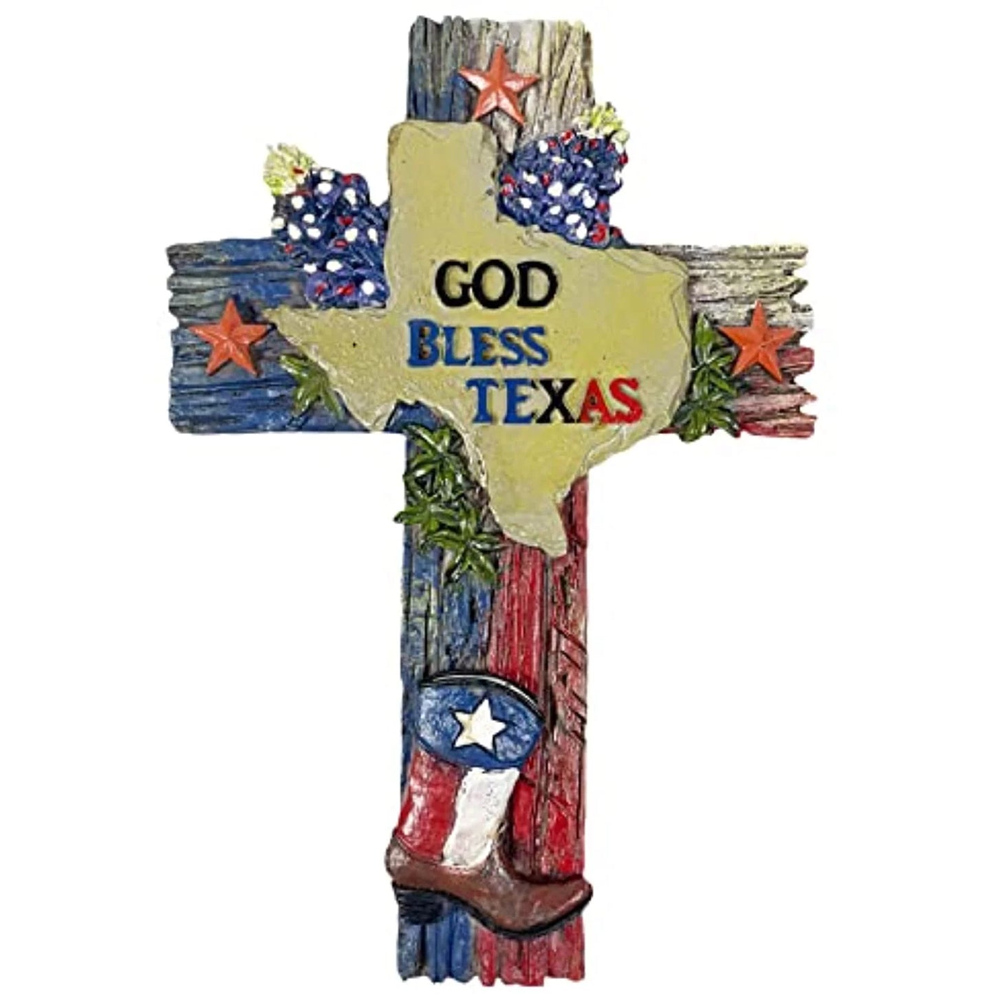 Urbalabs Western 11.5 Inch Wall Cross God Bless Texas Boot Flag and Bluebonnets Distressed Rustic Cowboy Wall Hanging Cross Country Wall Decor Room Decoration Office Church Home